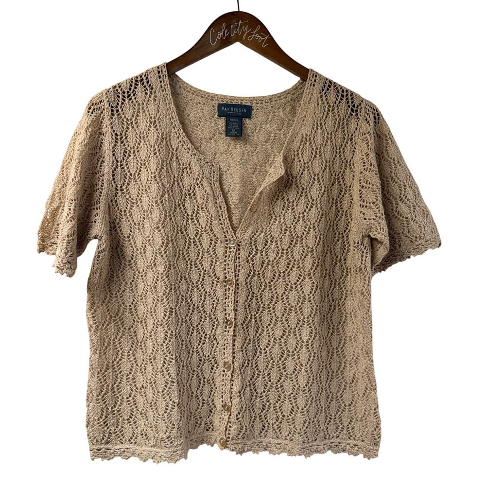 Semi Sheer Lace Crochet Button Front Cardigan Top Vintage Van Heusen M